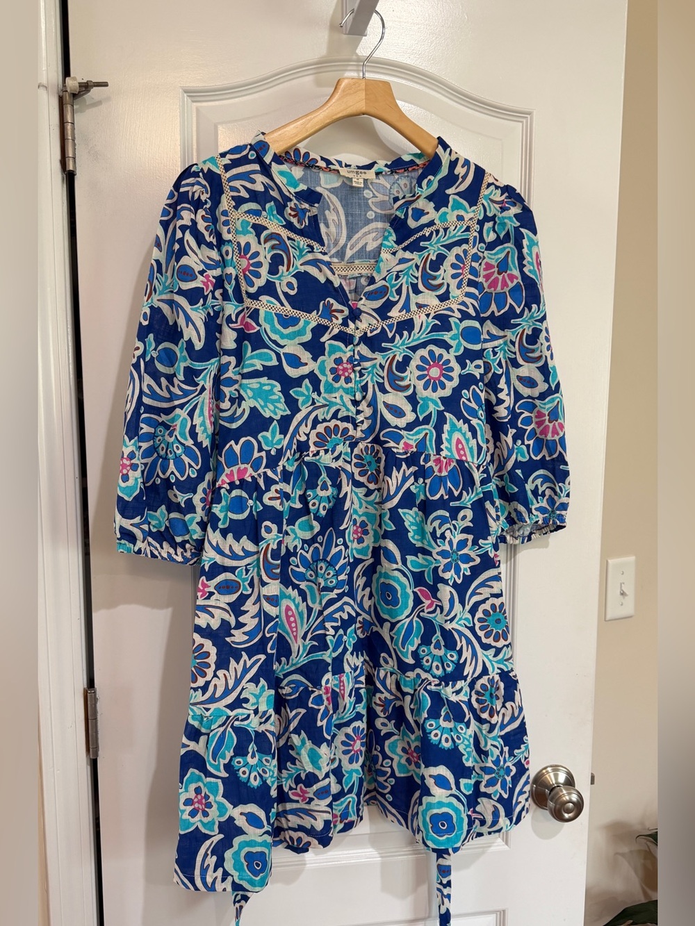 Umgee Blue Floral Tiered Dress with Aqua & Pink Accents